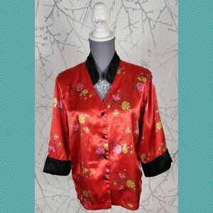Shanghai Red Satin Floral Print Chinese Blouse
